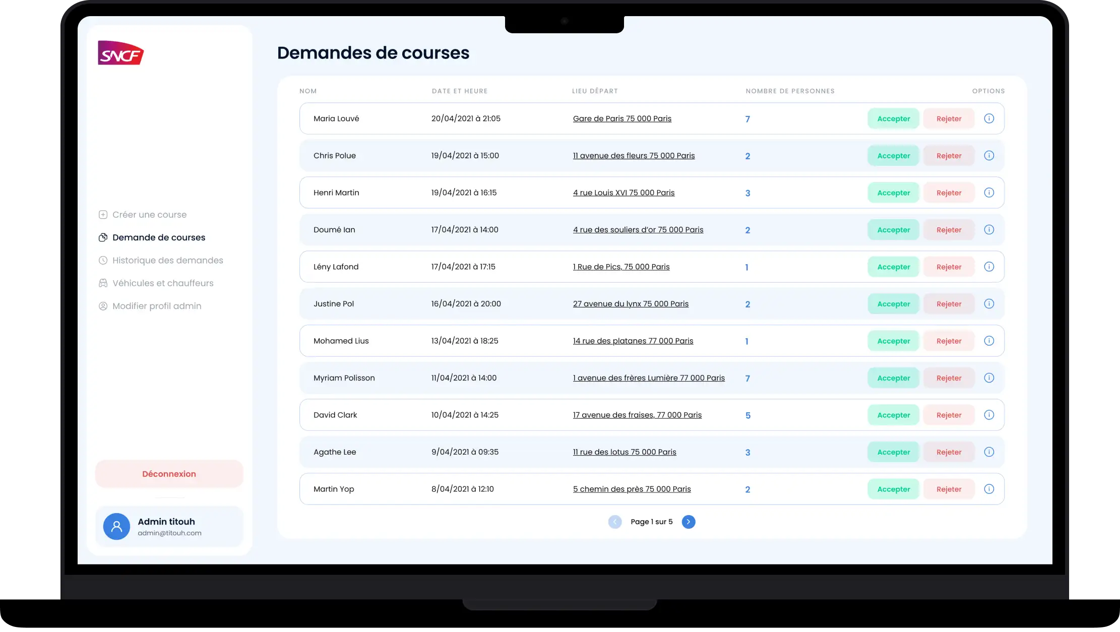 Vista previa de la aplicación SNCF